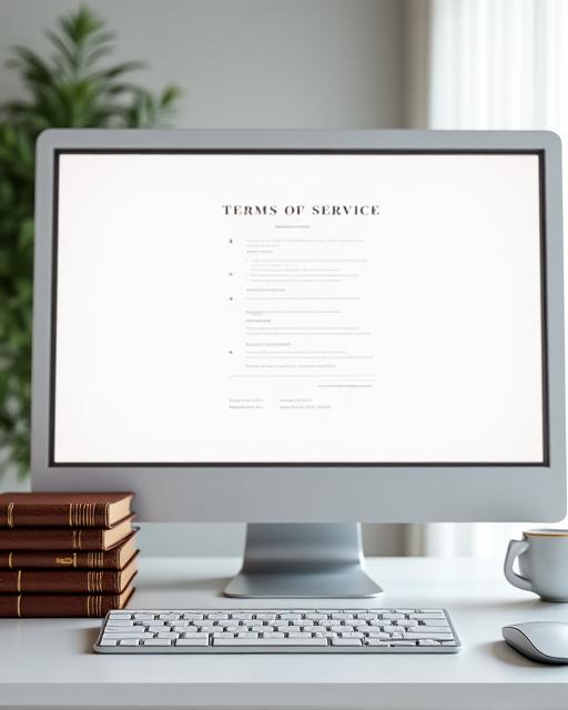 Modern workspace with law books and a sleek computer monitor displaying a contract
